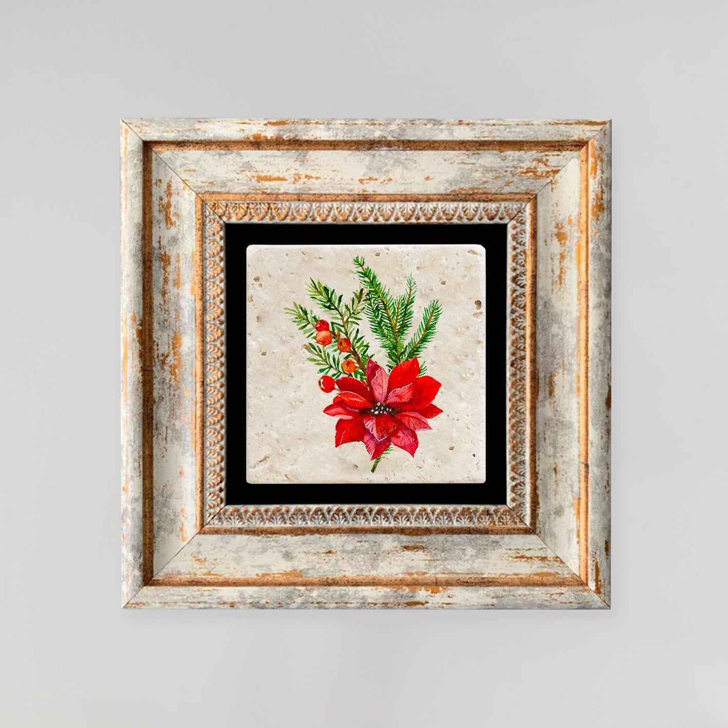 Quadro Decorativo em Pedra Natural com Moldura de Madeira - Impressão UV Multicolor 20x20cm