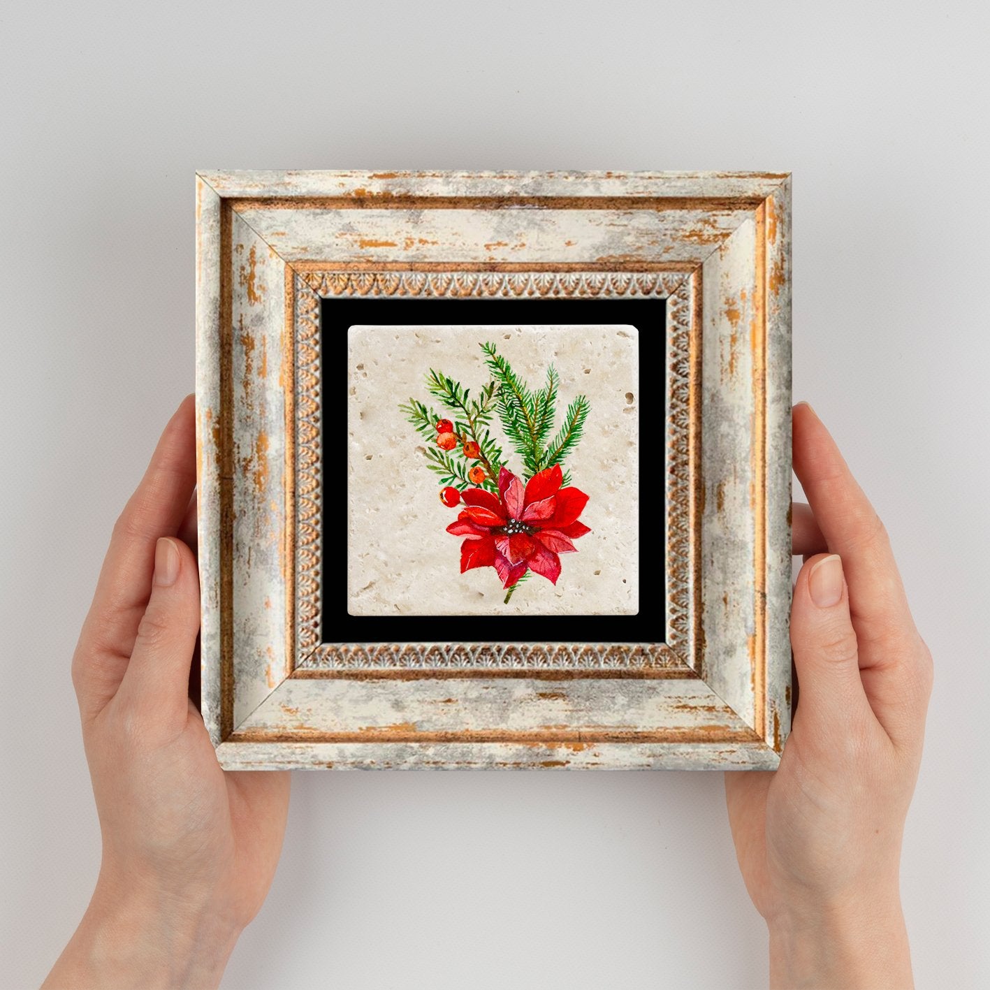 Quadro Decorativo em Pedra Natural com Moldura de Madeira - Impressão UV Multicolor 20x20cm