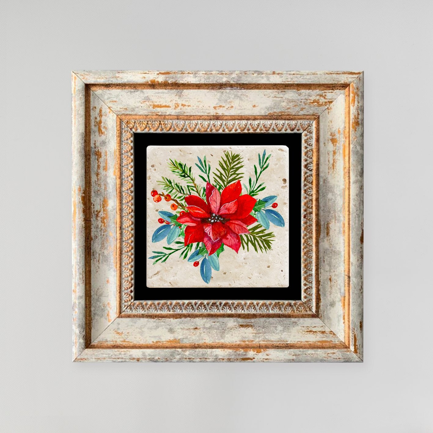 Quadro Decorativo em Pedra Natural com Moldura de Madeira - Impressão UV Multicolor 20x20cm