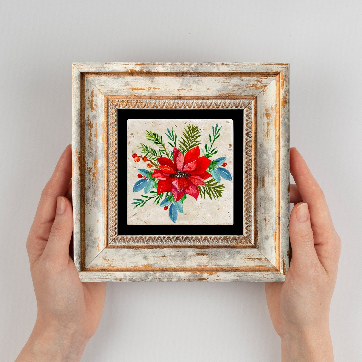 Quadro Decorativo em Pedra Natural com Moldura de Madeira - Impressão UV Multicolor 20x20cm