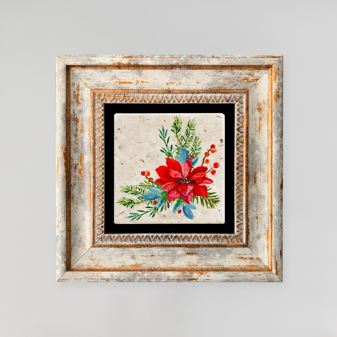 Quadro Decorativo em Pedra Natural com Moldura de Madeira - Impressão UV Multicolor 20x20cm