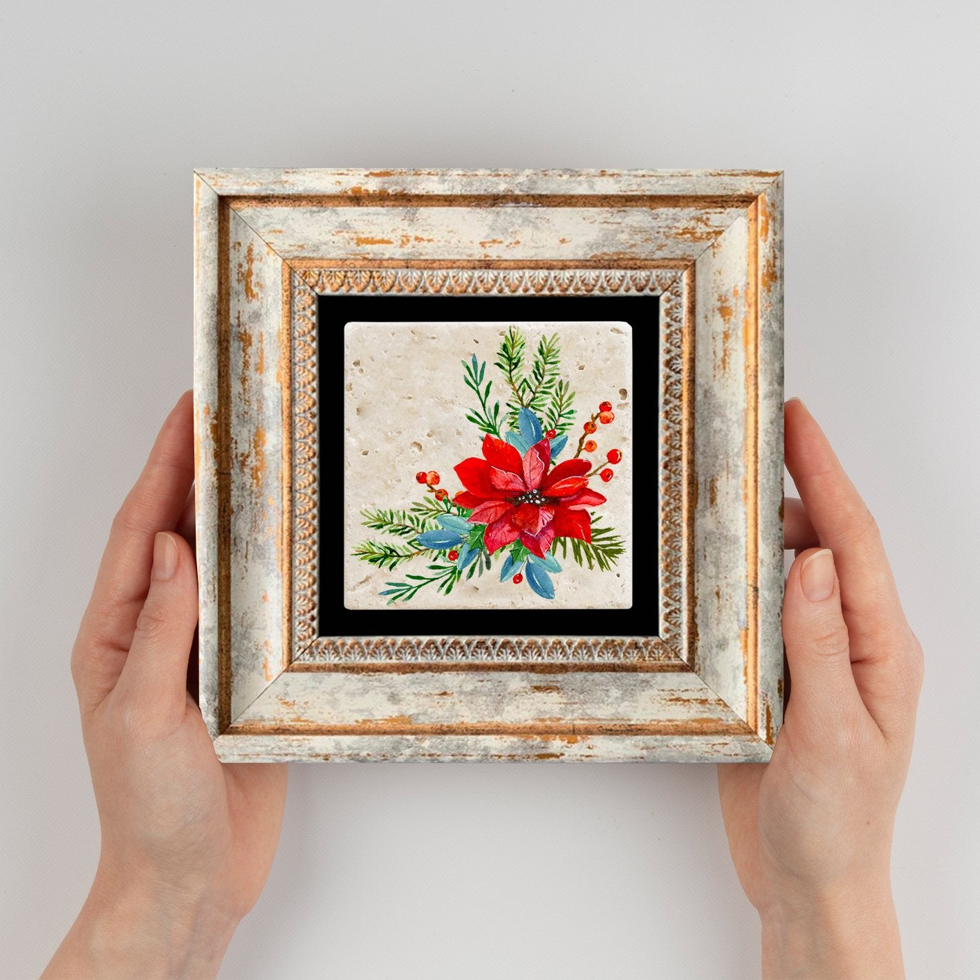 Quadro Decorativo em Pedra Natural com Moldura de Madeira - Impressão UV Multicolor 20x20cm