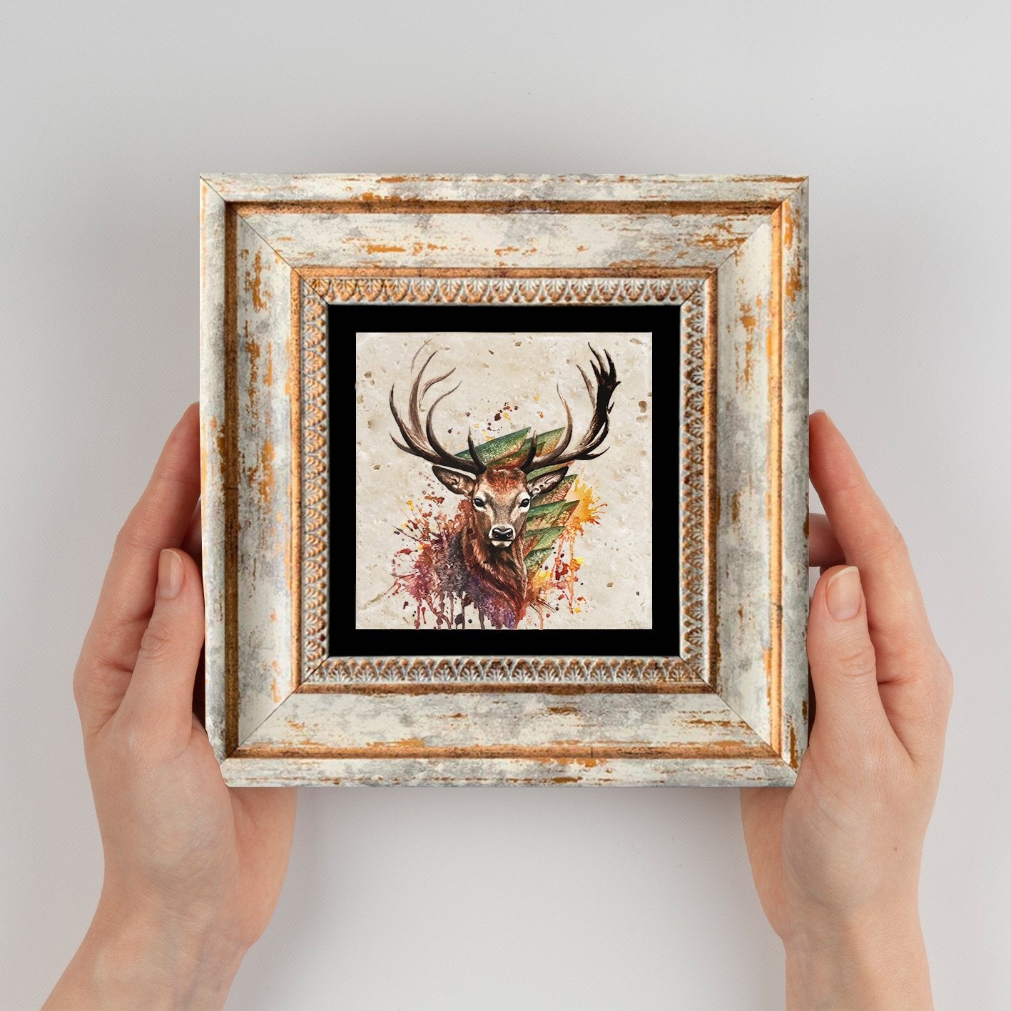 Quadro decorativo emoldurado – 20 x 20 cm – 100% pedra e 100% madeira