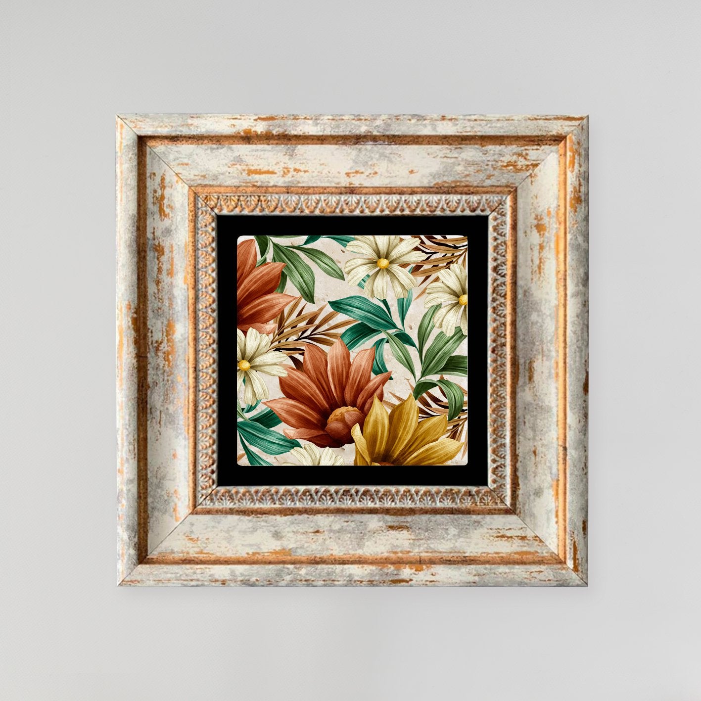 Quadro Decorativo em Pedra Natural com Moldura de Madeira - Impressão UV Multicolor 20x20cm