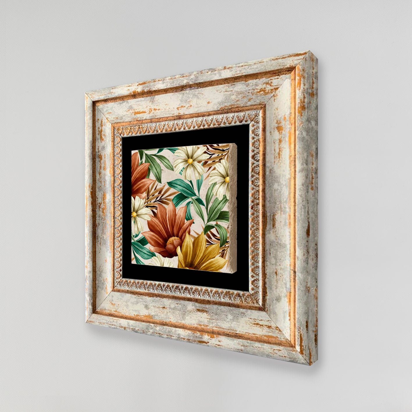 Quadro Decorativo em Pedra Natural com Moldura de Madeira - Impressão UV Multicolor 20x20cm