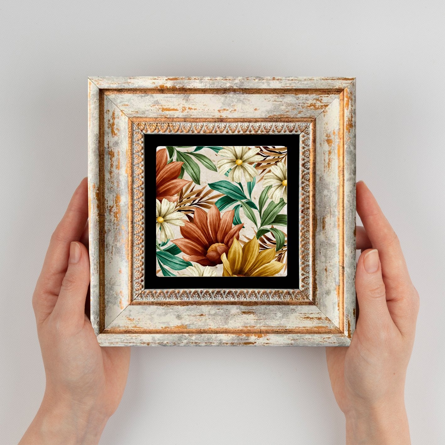 Quadro Decorativo em Pedra Natural com Moldura de Madeira - Impressão UV Multicolor 20x20cm