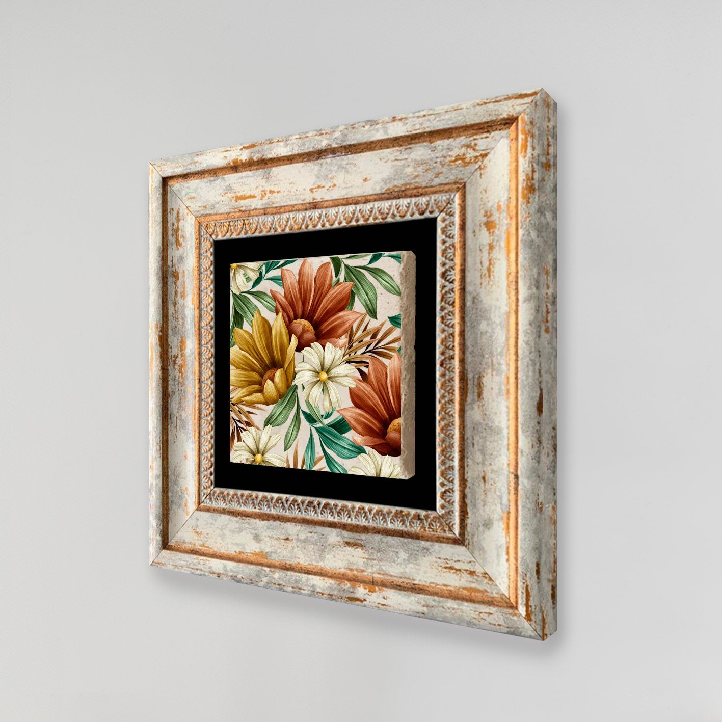 Pintura decorativa emoldurada – 20 x 20 cm – Pedra e Madeira