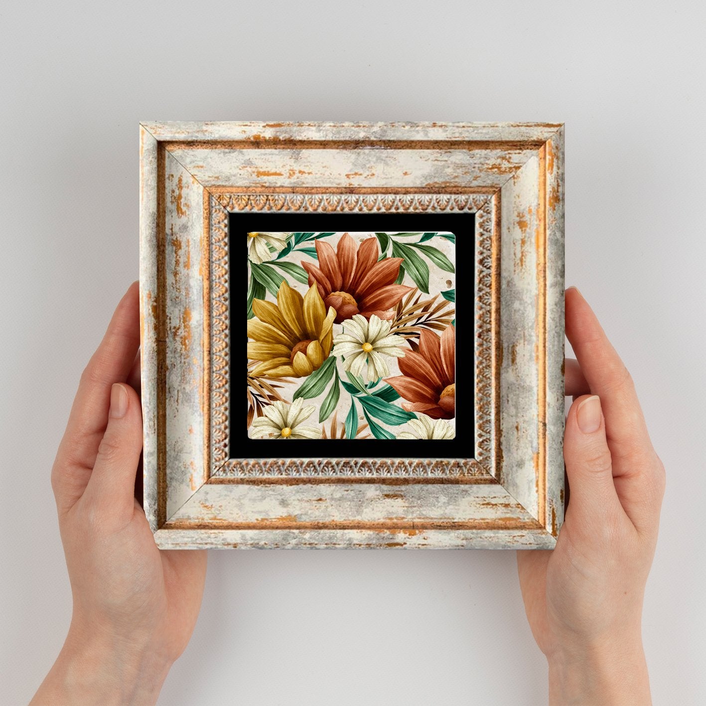 Pintura decorativa emoldurada – 20 x 20 cm – Pedra e Madeira