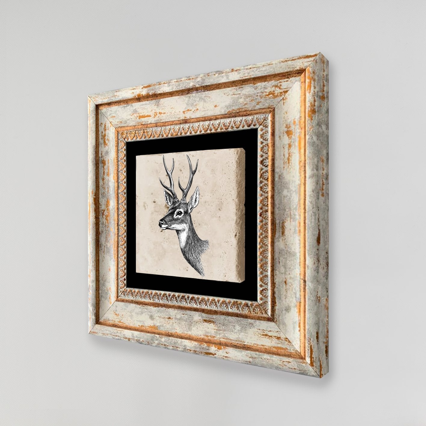 Pintura decorativa emoldurada – 20 x 20 cm – pedra e madeira