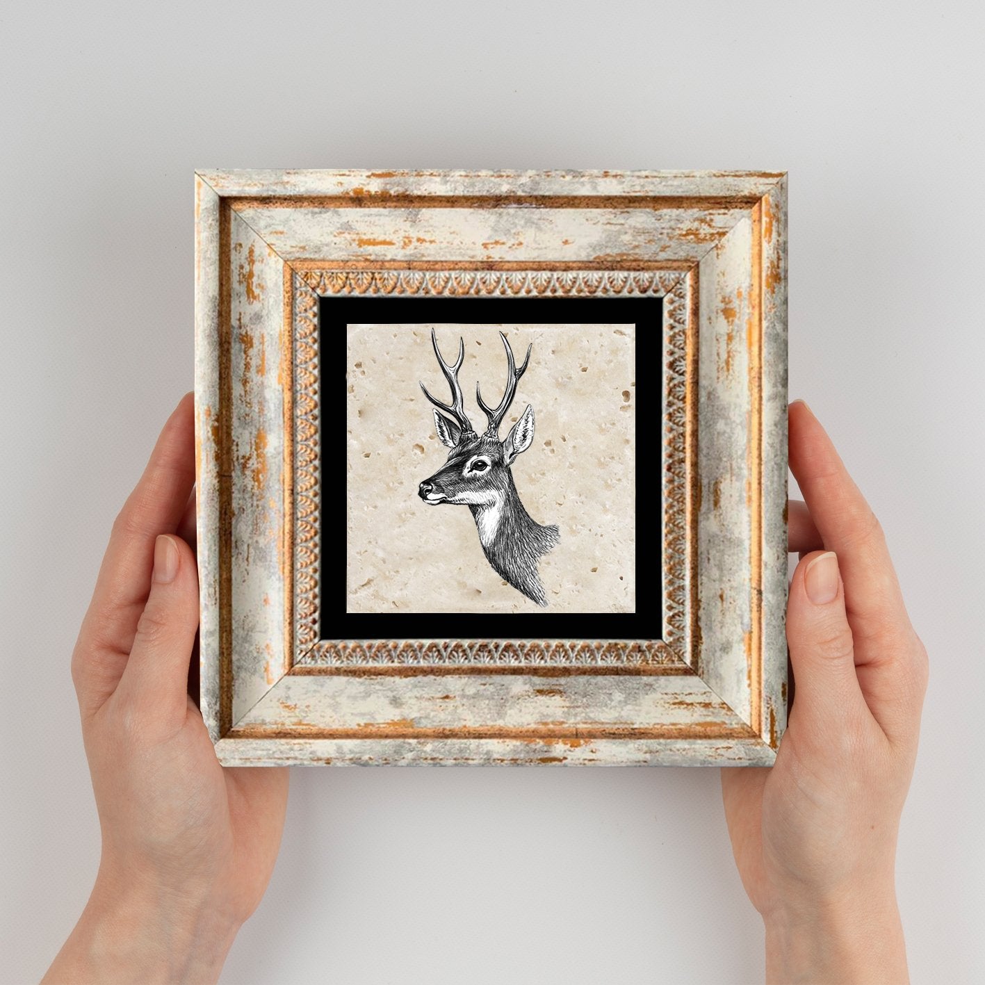 Pintura decorativa emoldurada – 20 x 20 cm – pedra e madeira