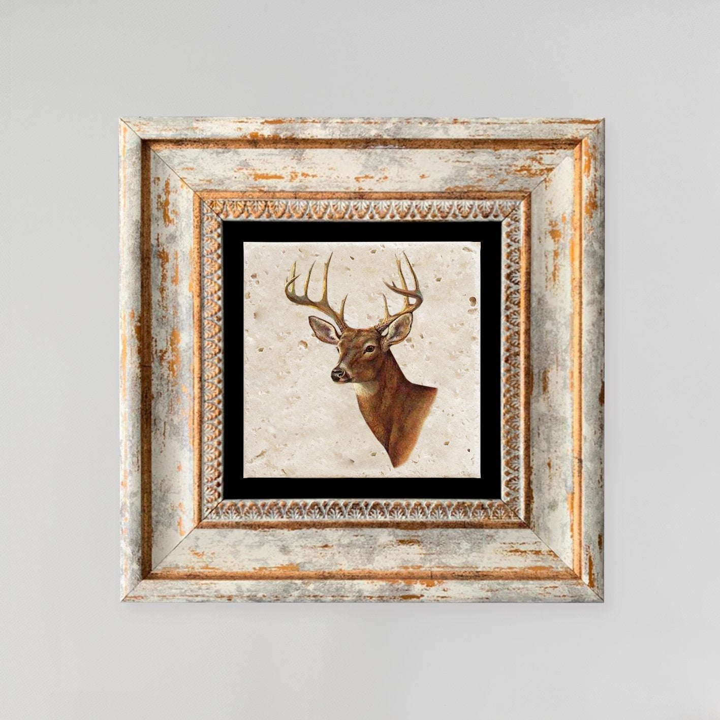 Quadro Decorativo em Pedra Natural com Moldura de Madeira - Impressão UV Multicolor 20x20cm