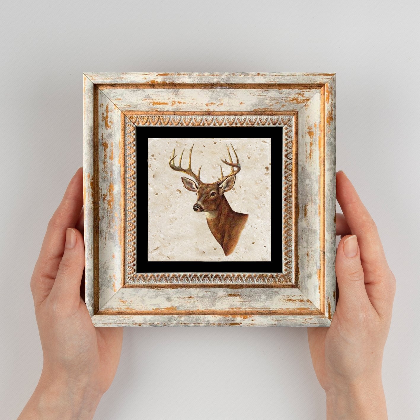 Quadro Decorativo em Pedra Natural com Moldura de Madeira - Impressão UV Multicolor 20x20cm