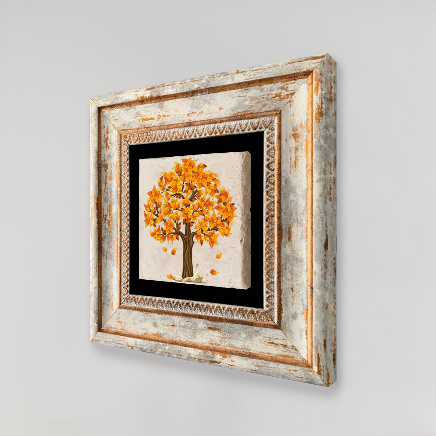 Quadro Decorativo em Pedra Natural com Moldura de Madeira - Impressão UV Multicolor 20x20cm