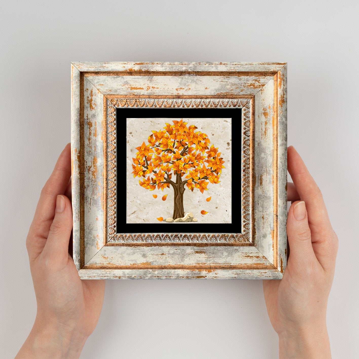 Quadro Decorativo em Pedra Natural com Moldura de Madeira - Impressão UV Multicolor 20x20cm