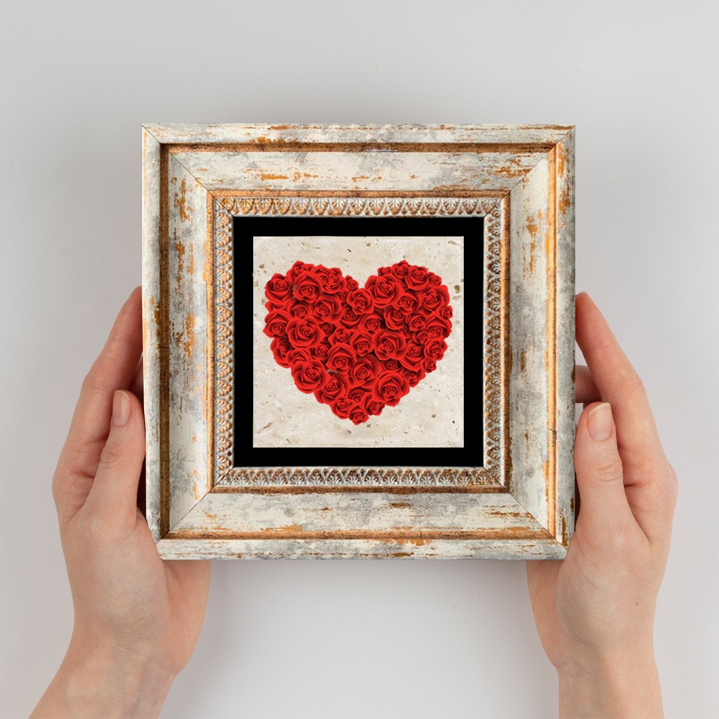 Quadro Decorativo em Pedra Natural com Moldura de Madeira - Impressão UV Multicolor 20x20cm