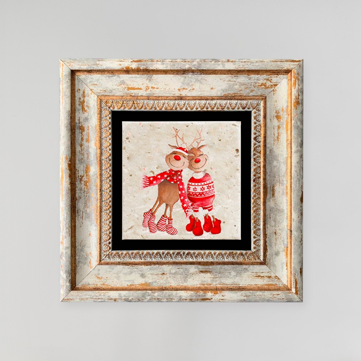 Quadro Decorativo em Pedra Natural com Moldura de Madeira - Impressão UV Multicolor 20x20cm