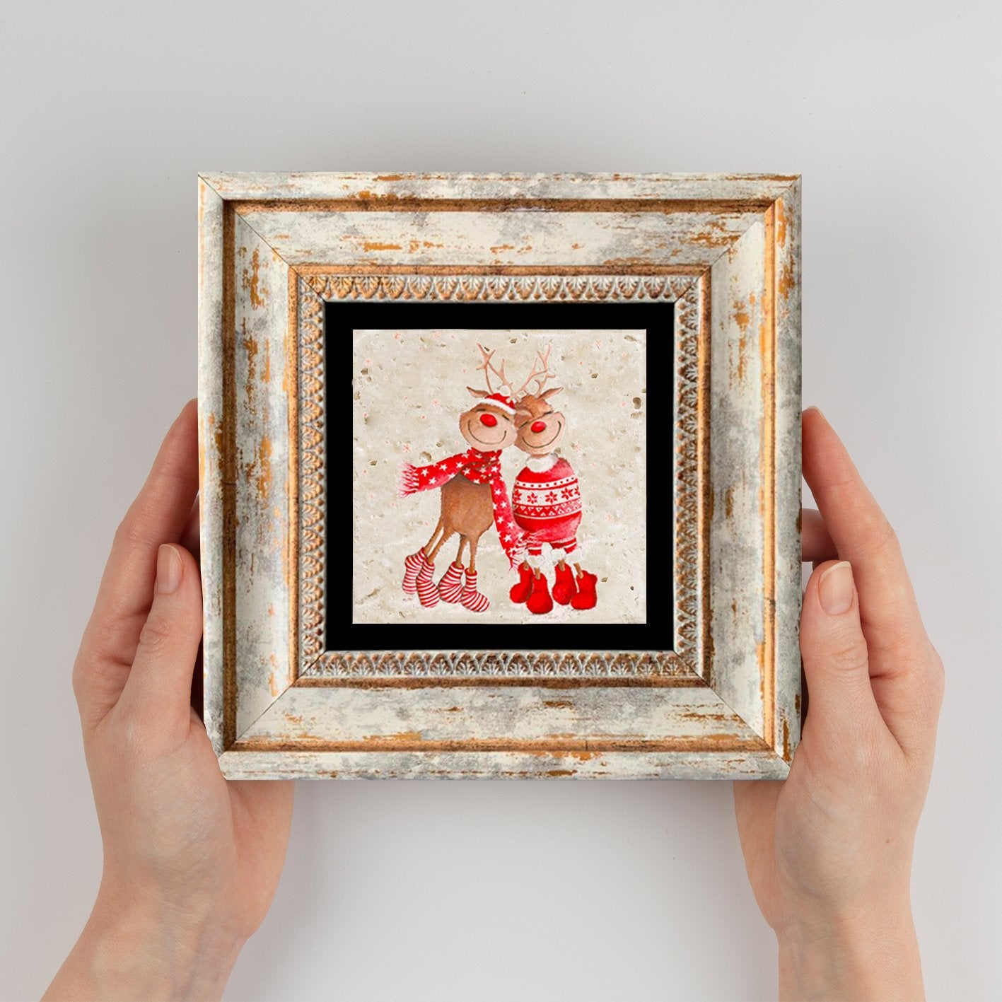 Quadro Decorativo em Pedra Natural com Moldura de Madeira - Impressão UV Multicolor 20x20cm