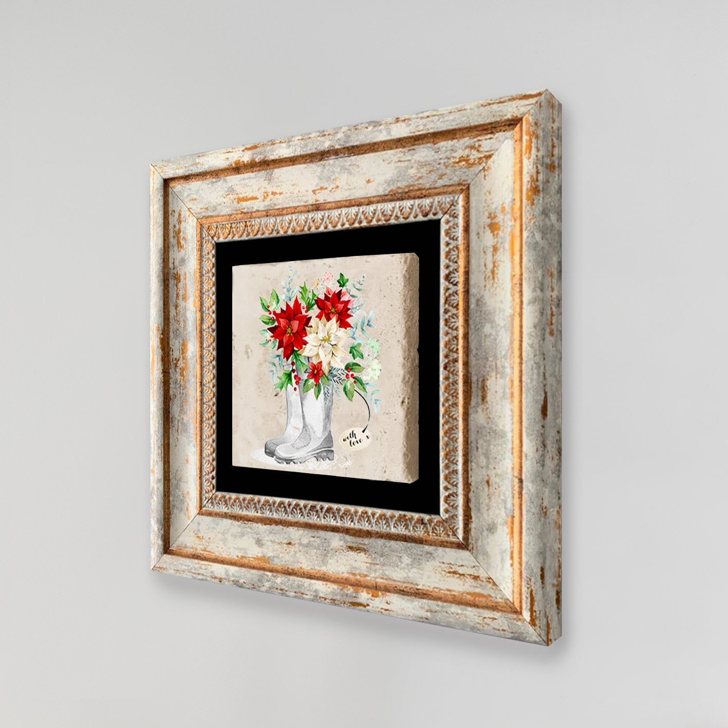 Quadro Decorativo em Pedra Natural com Moldura de Madeira - Impressão UV Multicolor 20x20cm