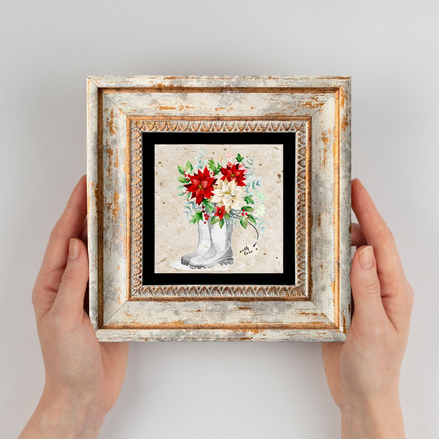 Quadro Decorativo em Pedra Natural com Moldura de Madeira - Impressão UV Multicolor 20x20cm