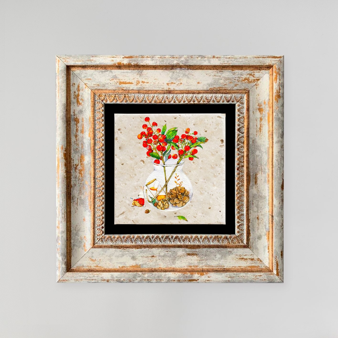 Quadro Decorativo em Pedra Natural com Moldura de Madeira - Impressão UV Multicolor 20x20cm