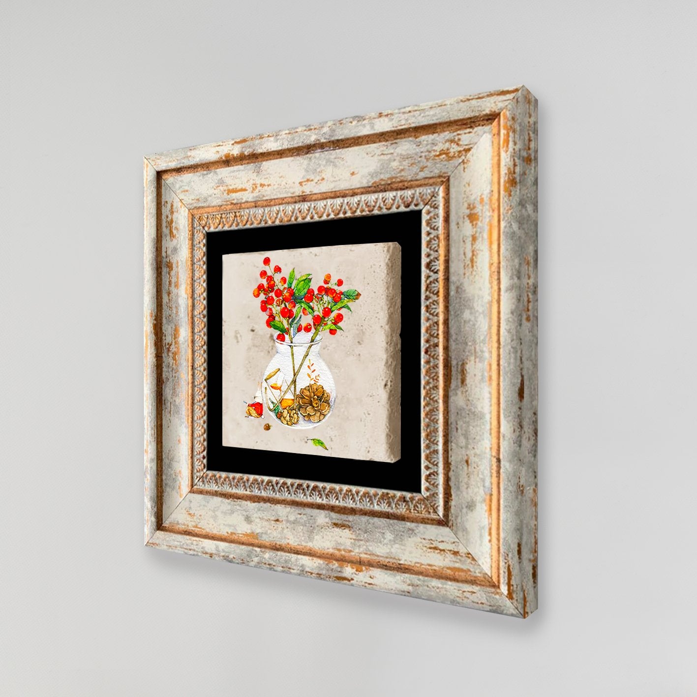 Quadro Decorativo em Pedra Natural com Moldura de Madeira - Impressão UV Multicolor 20x20cm