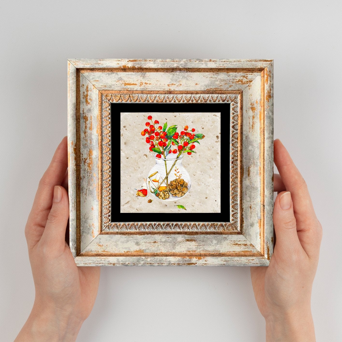 Quadro Decorativo em Pedra Natural com Moldura de Madeira - Impressão UV Multicolor 20x20cm