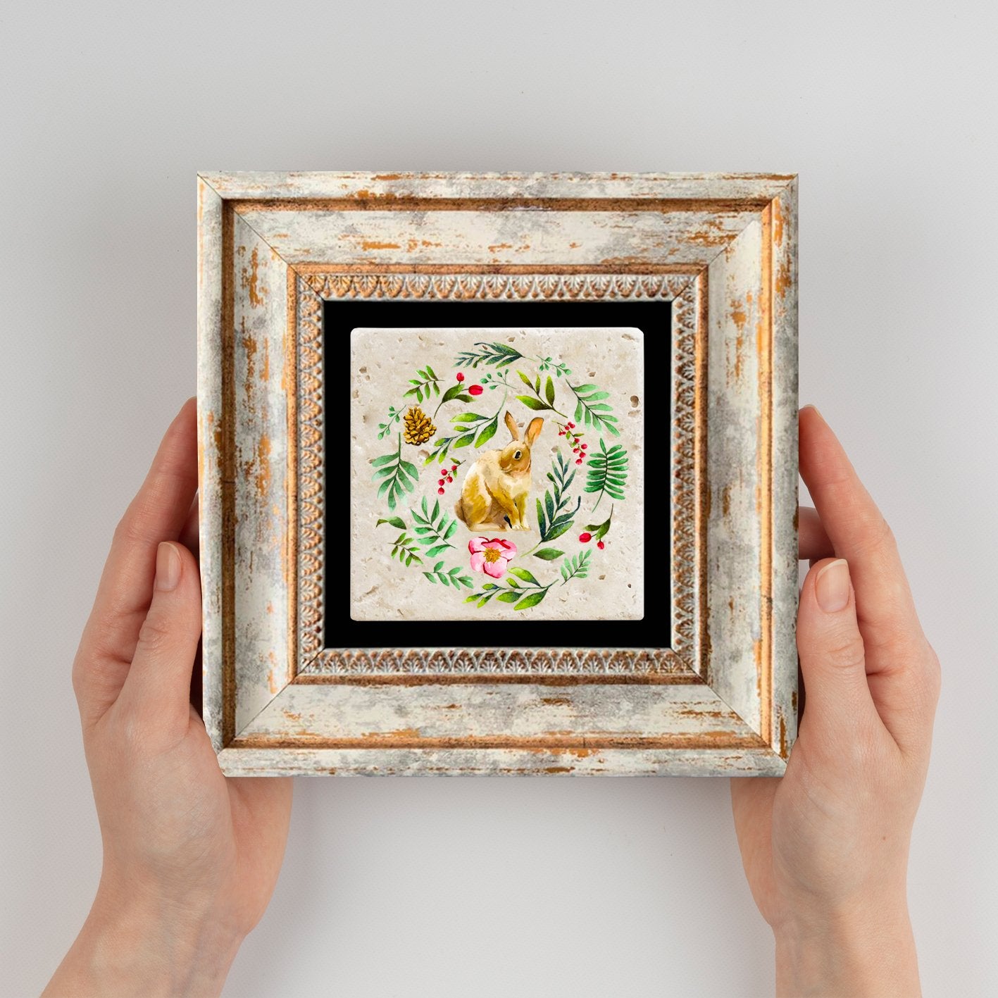 Quadro Decorativo em Pedra Natural com Moldura de Madeira - Impressão UV Multicolor 20x20cm