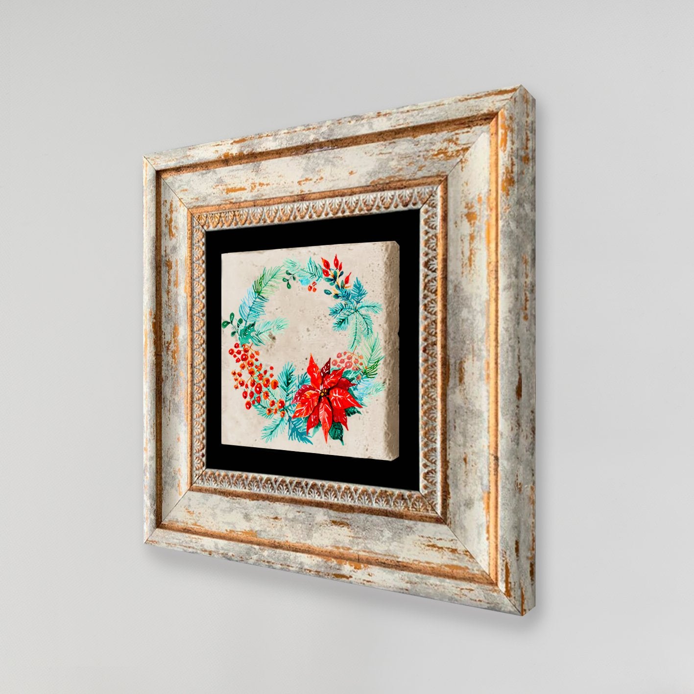 Quadro Decorativo em Pedra Natural com Moldura de Madeira - Impressão UV Multicolor 20x20cm