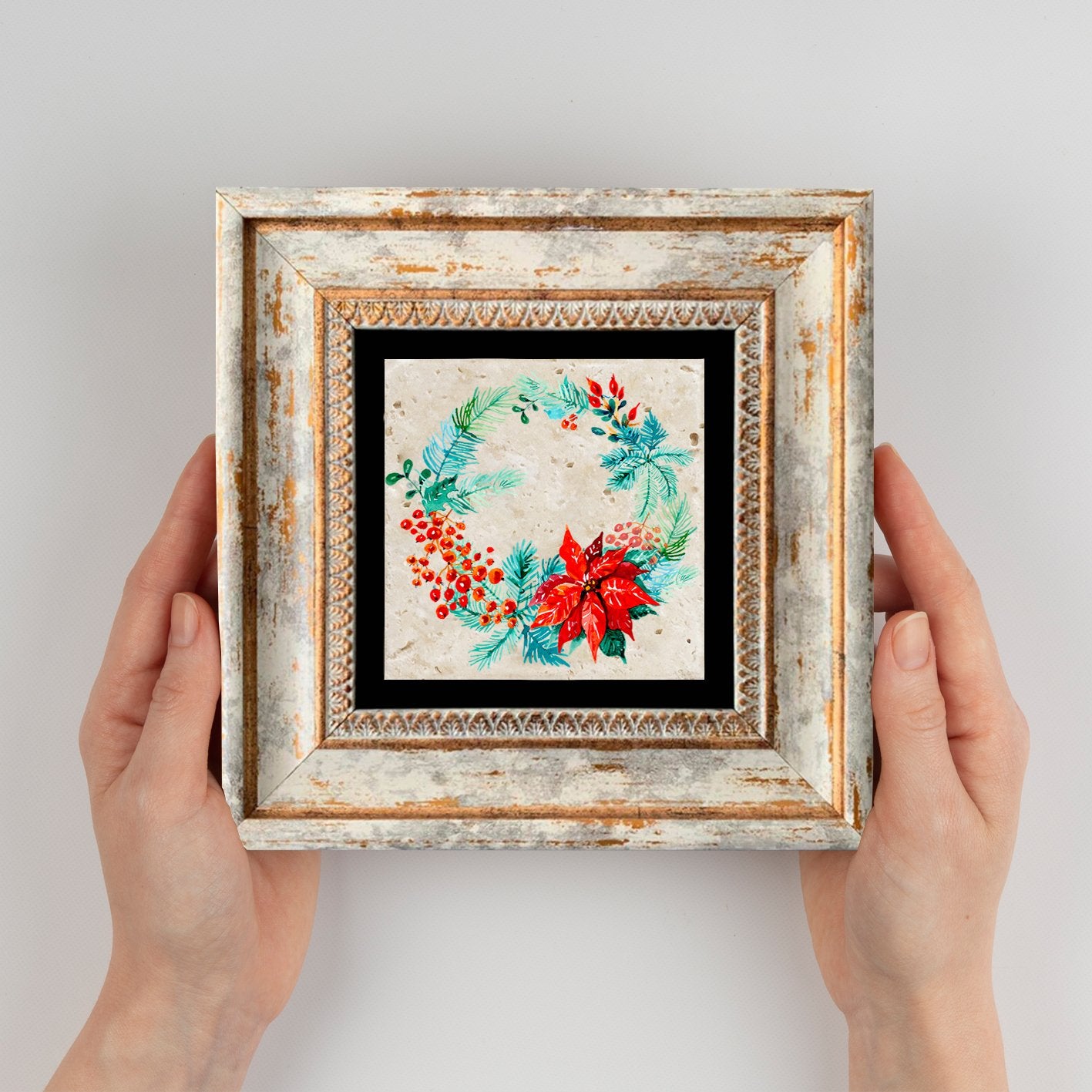 Quadro Decorativo em Pedra Natural com Moldura de Madeira - Impressão UV Multicolor 20x20cm