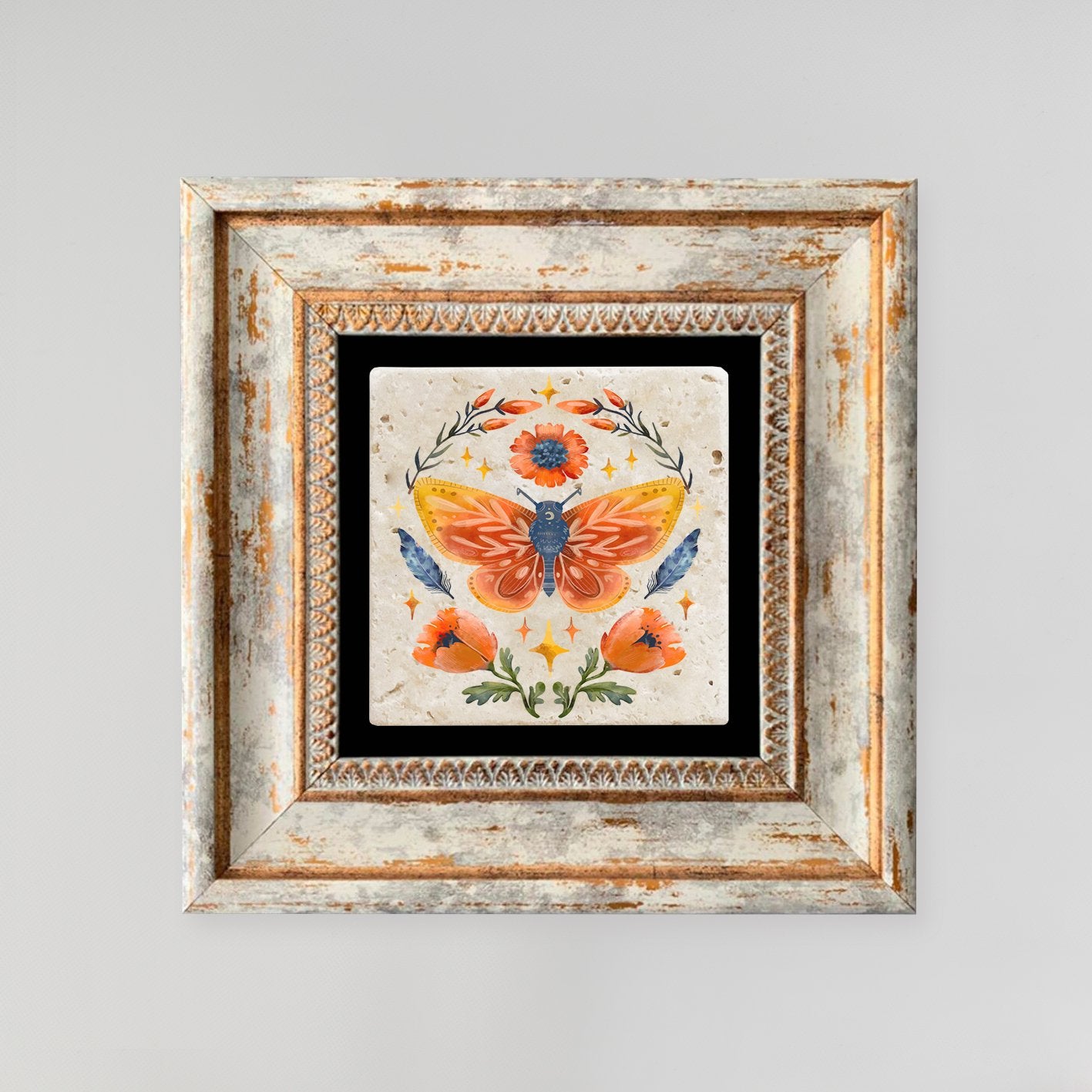 Quadro Decorativo em Pedra Natural com Moldura de Madeira - Impressão UV Multicolor 20x20cm