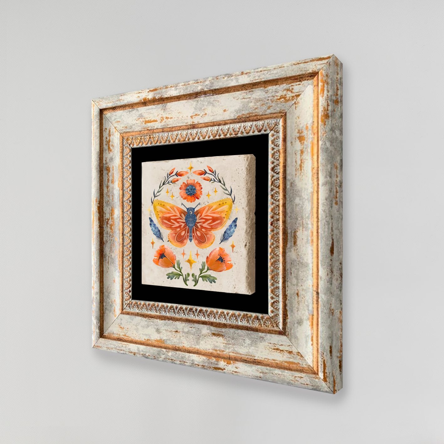 Quadro Decorativo em Pedra Natural com Moldura de Madeira - Impressão UV Multicolor 20x20cm