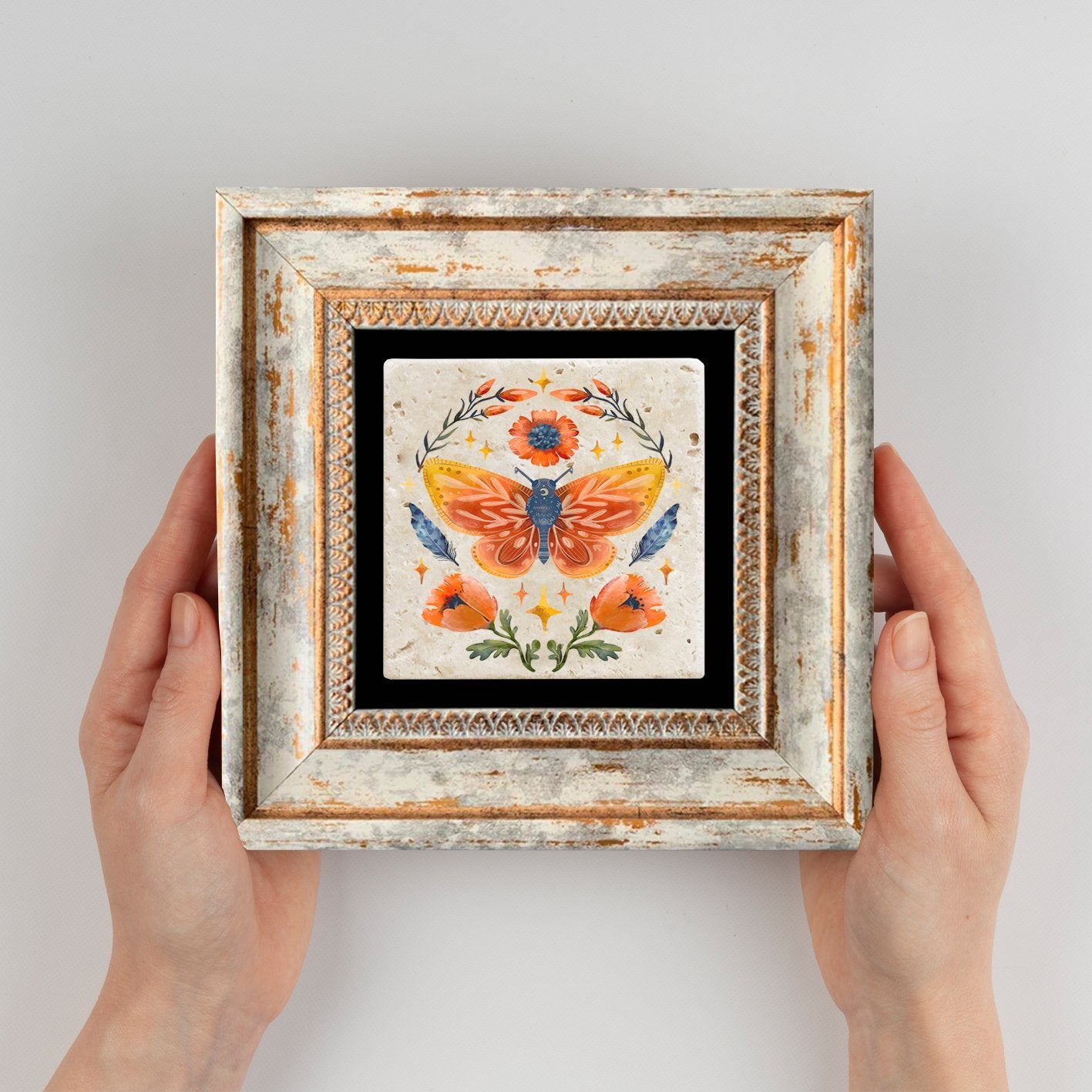 Quadro Decorativo em Pedra Natural com Moldura de Madeira - Impressão UV Multicolor 20x20cm