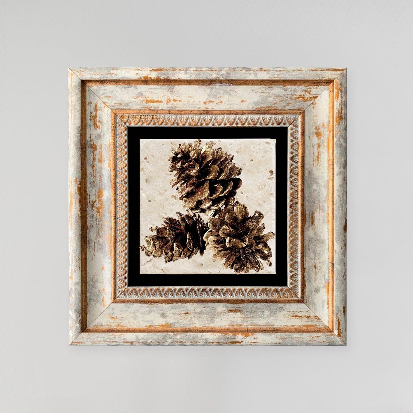 Quadro Decorativo em Pedra Natural com Moldura de Madeira - Impressão UV Multicolor 20x20cm