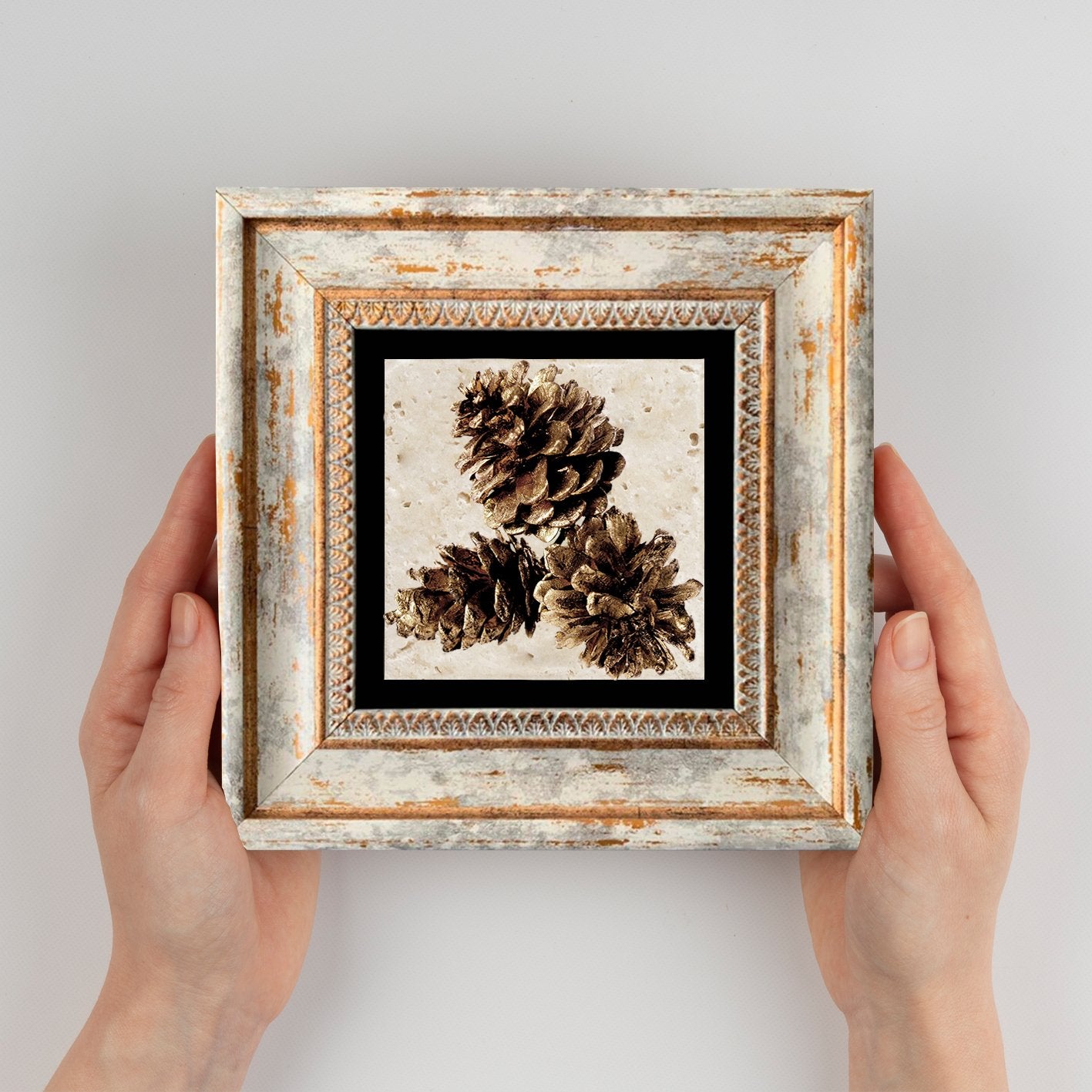 Quadro Decorativo em Pedra Natural com Moldura de Madeira - Impressão UV Multicolor 20x20cm