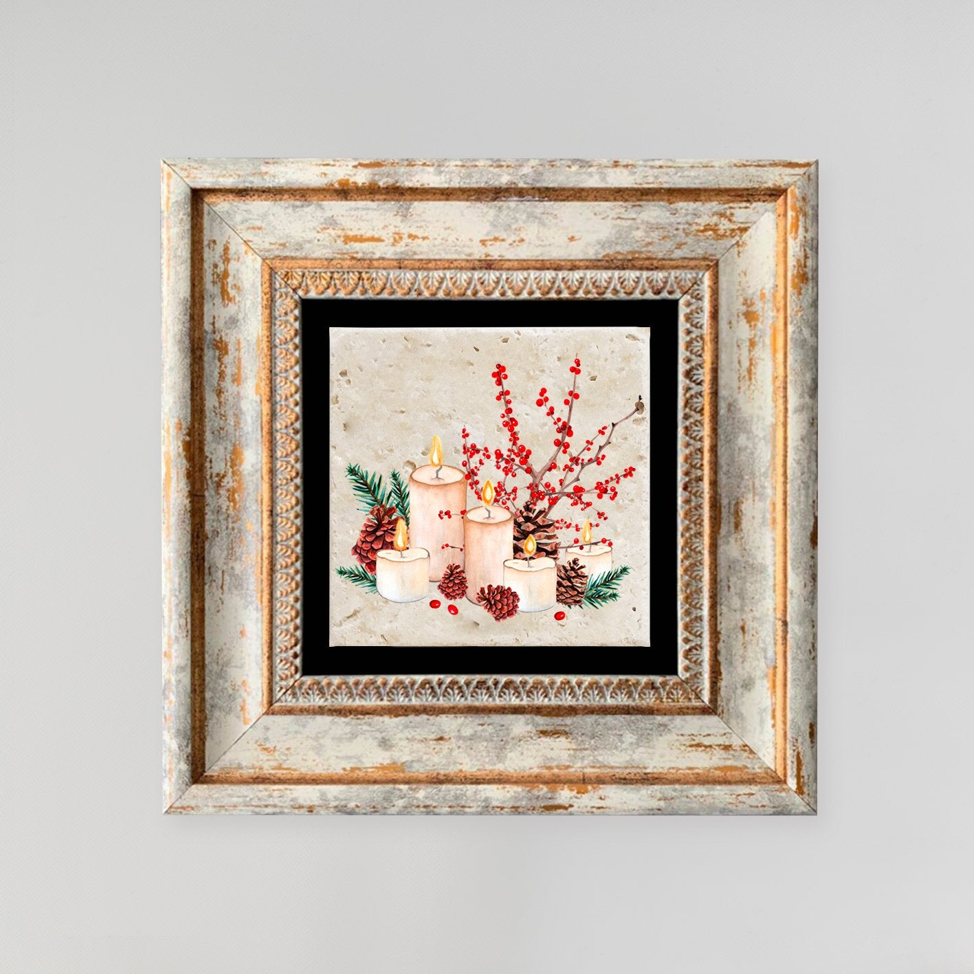 Quadro Decorativo em Pedra Natural com Moldura de Madeira - Impressão UV Multicolor 20x20cm