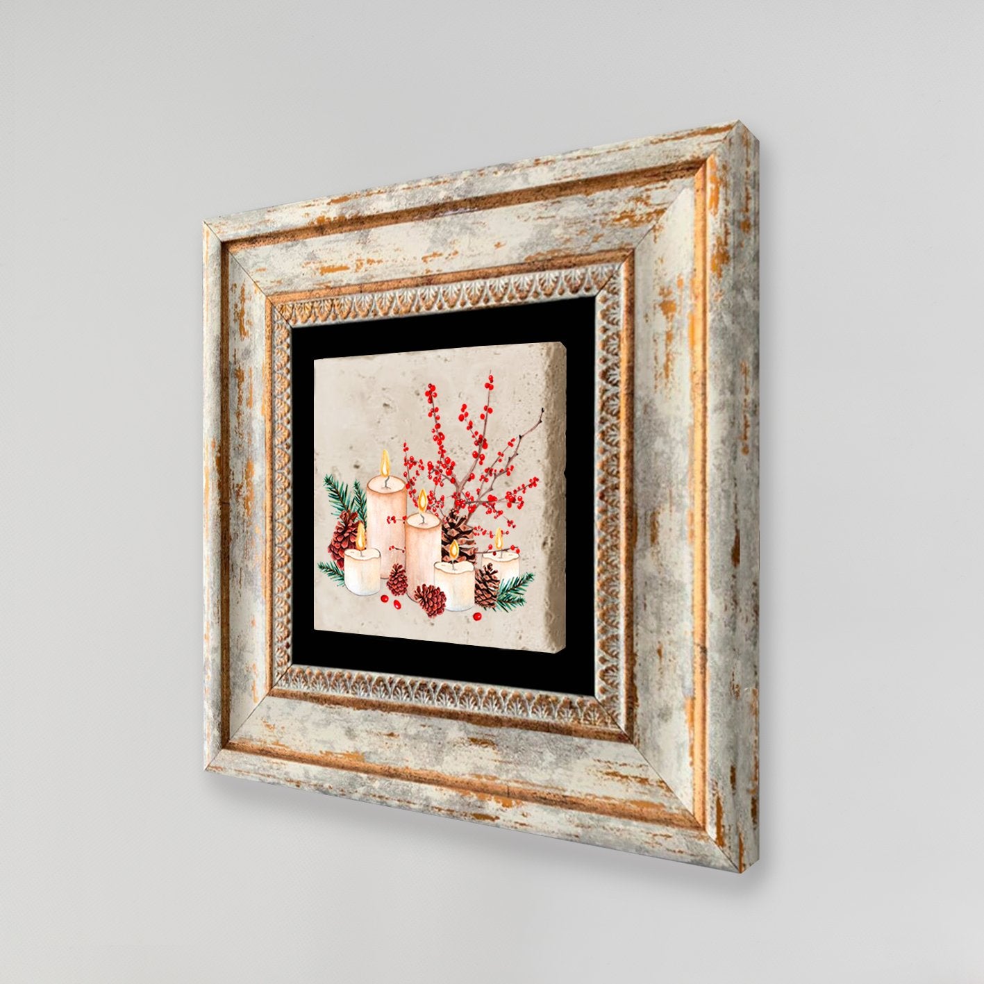 Quadro Decorativo em Pedra Natural com Moldura de Madeira - Impressão UV Multicolor 20x20cm