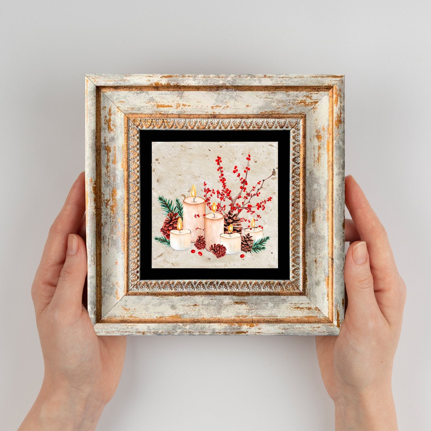 Quadro Decorativo em Pedra Natural com Moldura de Madeira - Impressão UV Multicolor 20x20cm