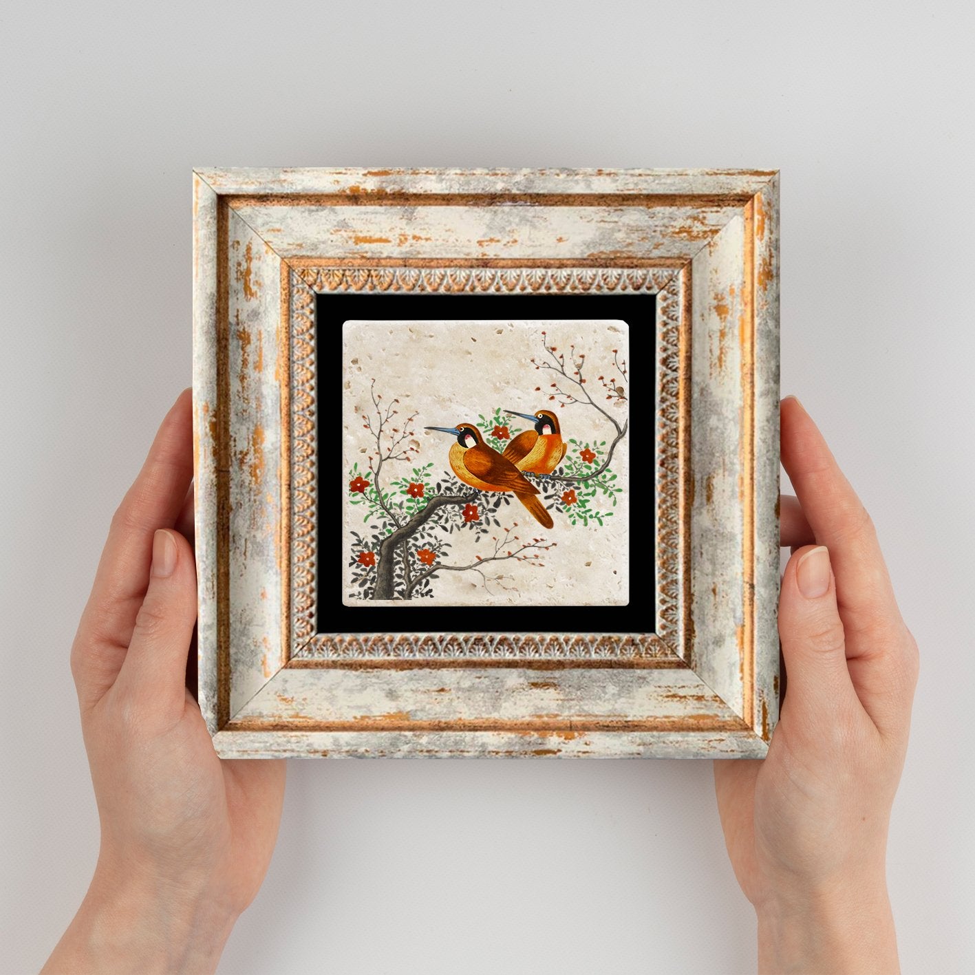 Quadro Decorativo em Pedra Natural com Moldura de Madeira - Impressão UV Multicolor 20x20cm