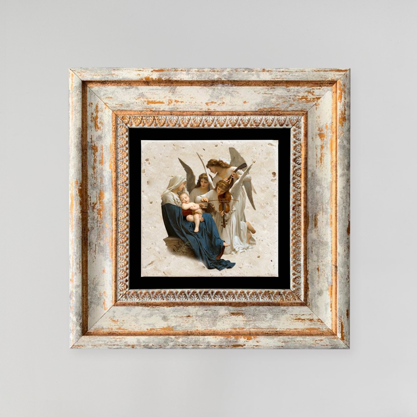 Quadro Decorativo em Pedra Natural com Moldura de Madeira - Impressão UV Multicolor 20x20cm