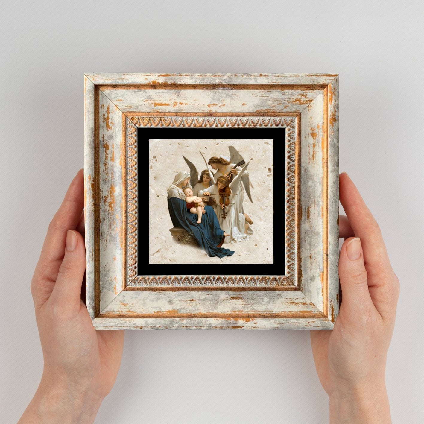 Quadro Decorativo em Pedra Natural com Moldura de Madeira - Impressão UV Multicolor 20x20cm