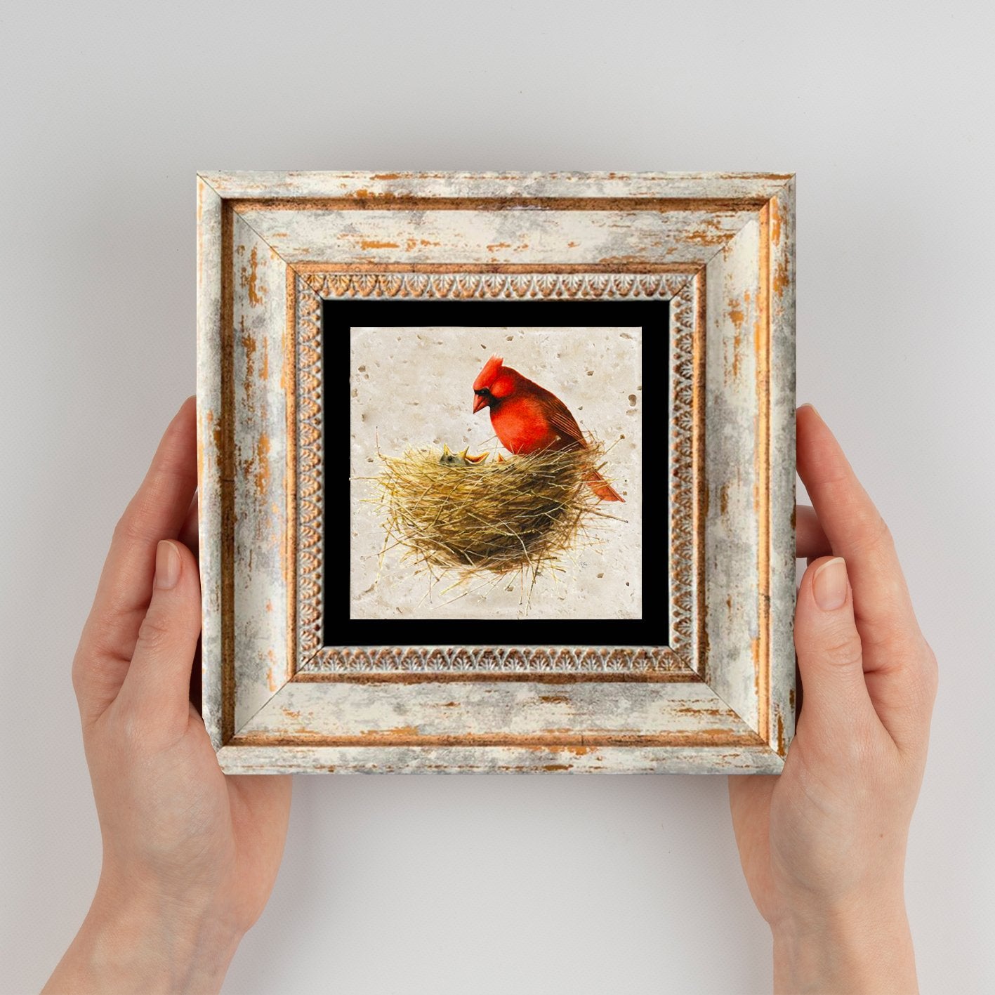 Quadro Decorativo em Pedra Natural com Moldura de Madeira - Impressão UV Multicolor 20x20cm