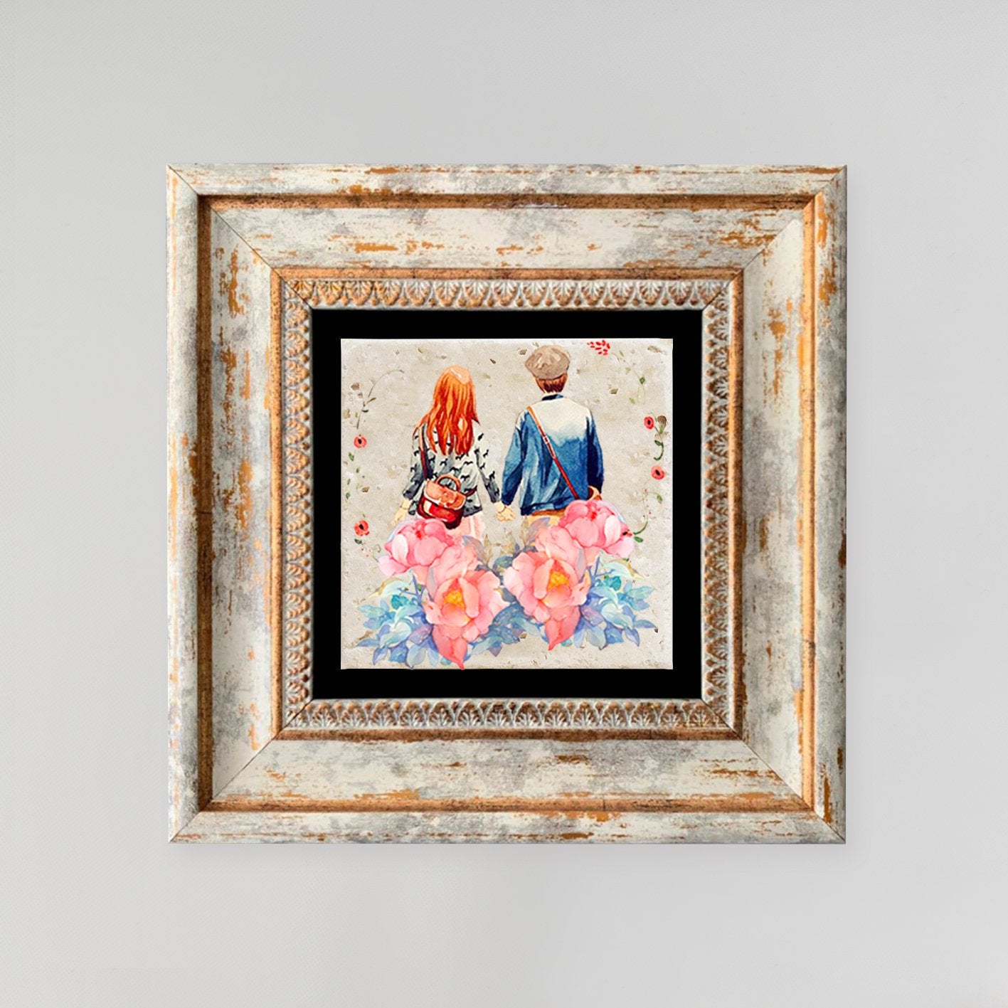 Quadro Decorativo em Pedra Natural com Moldura de Madeira - Impressão UV Multicolor 20x20cm