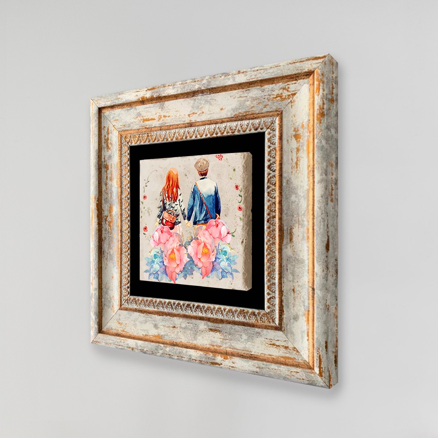 Quadro Decorativo em Pedra Natural com Moldura de Madeira - Impressão UV Multicolor 20x20cm