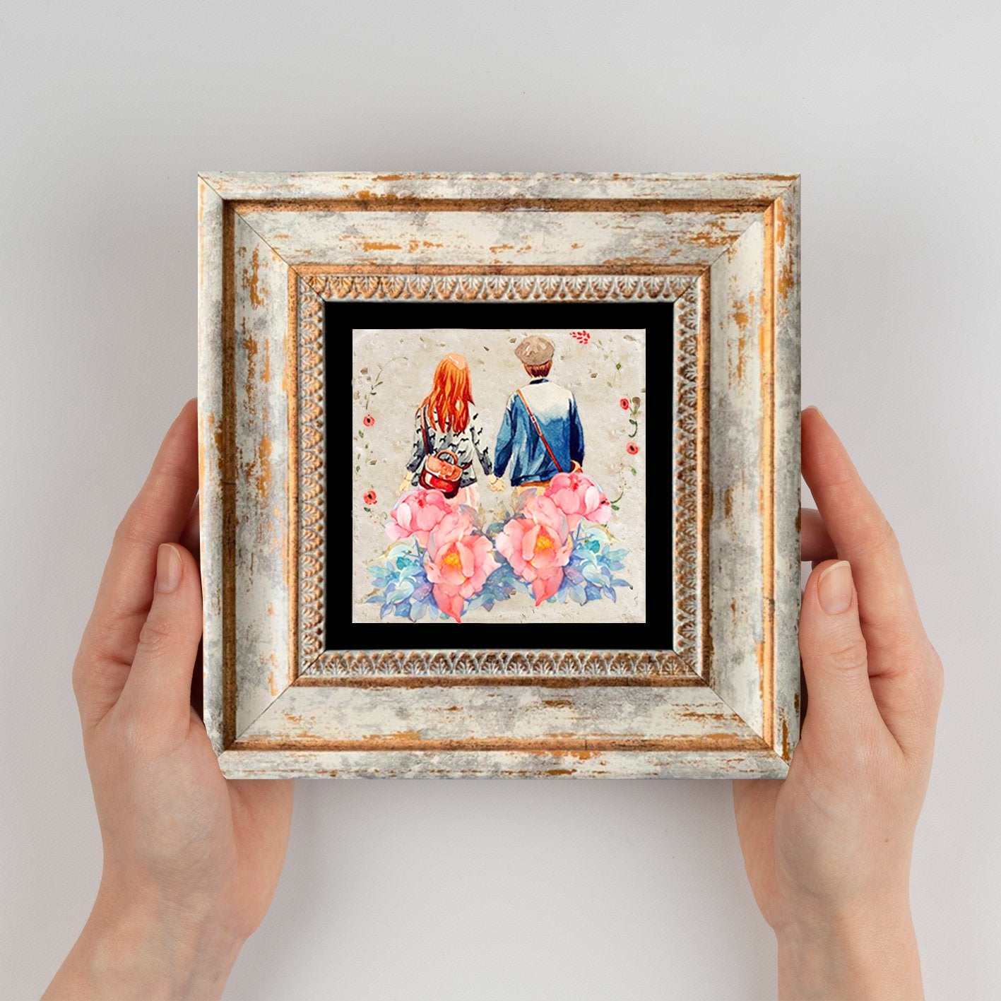 Quadro Decorativo em Pedra Natural com Moldura de Madeira - Impressão UV Multicolor 20x20cm