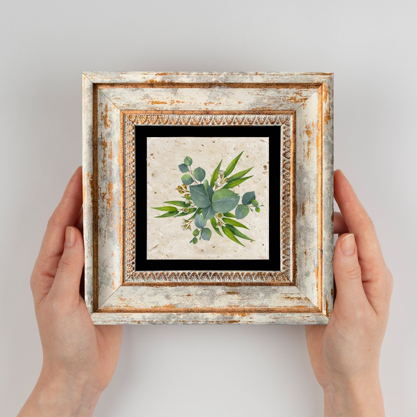 Quadro Decorativo em Pedra Natural com Moldura de Madeira - Impressão UV Multicolor 20x20cm