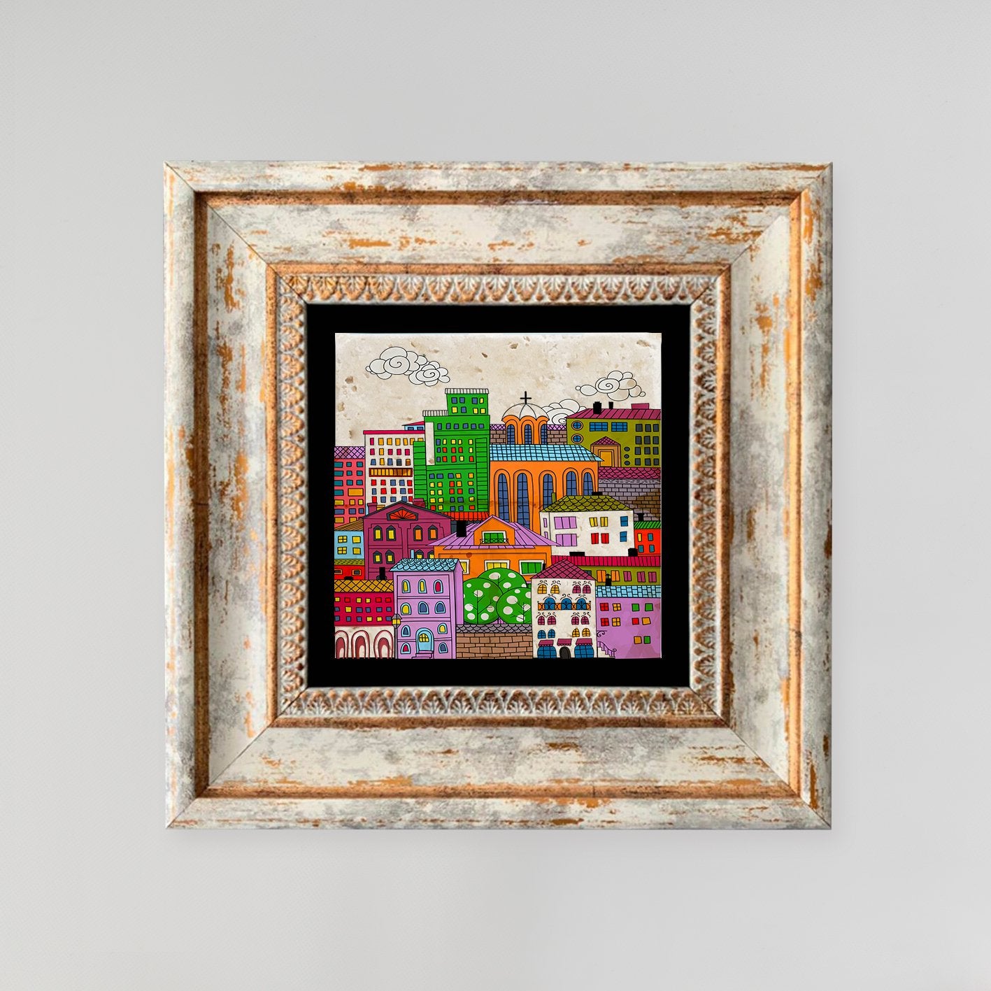 Quadro Decorativo em Pedra Natural com Moldura de Madeira - Impressão UV Multicolor 20x20cm