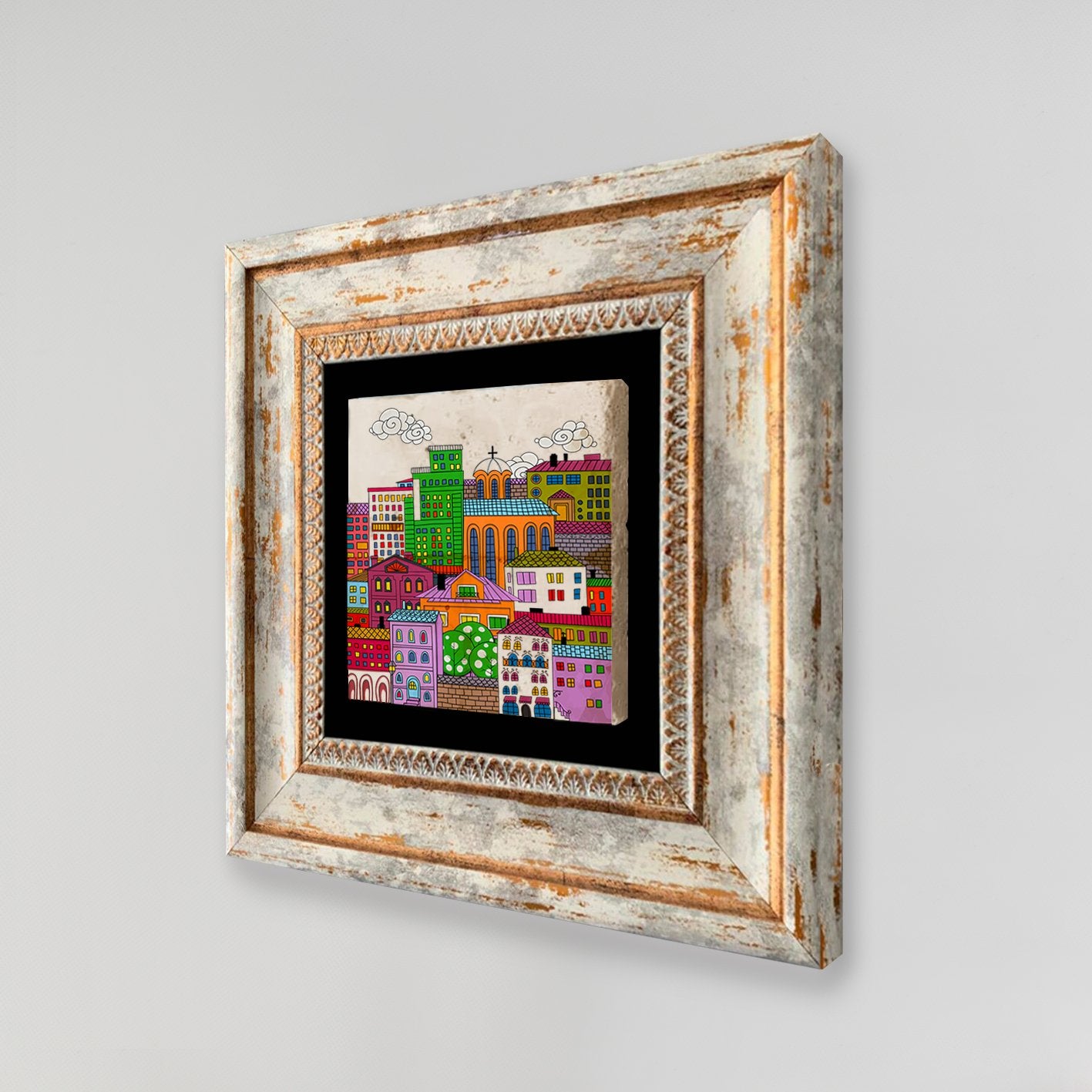 Quadro Decorativo em Pedra Natural com Moldura de Madeira - Impressão UV Multicolor 20x20cm