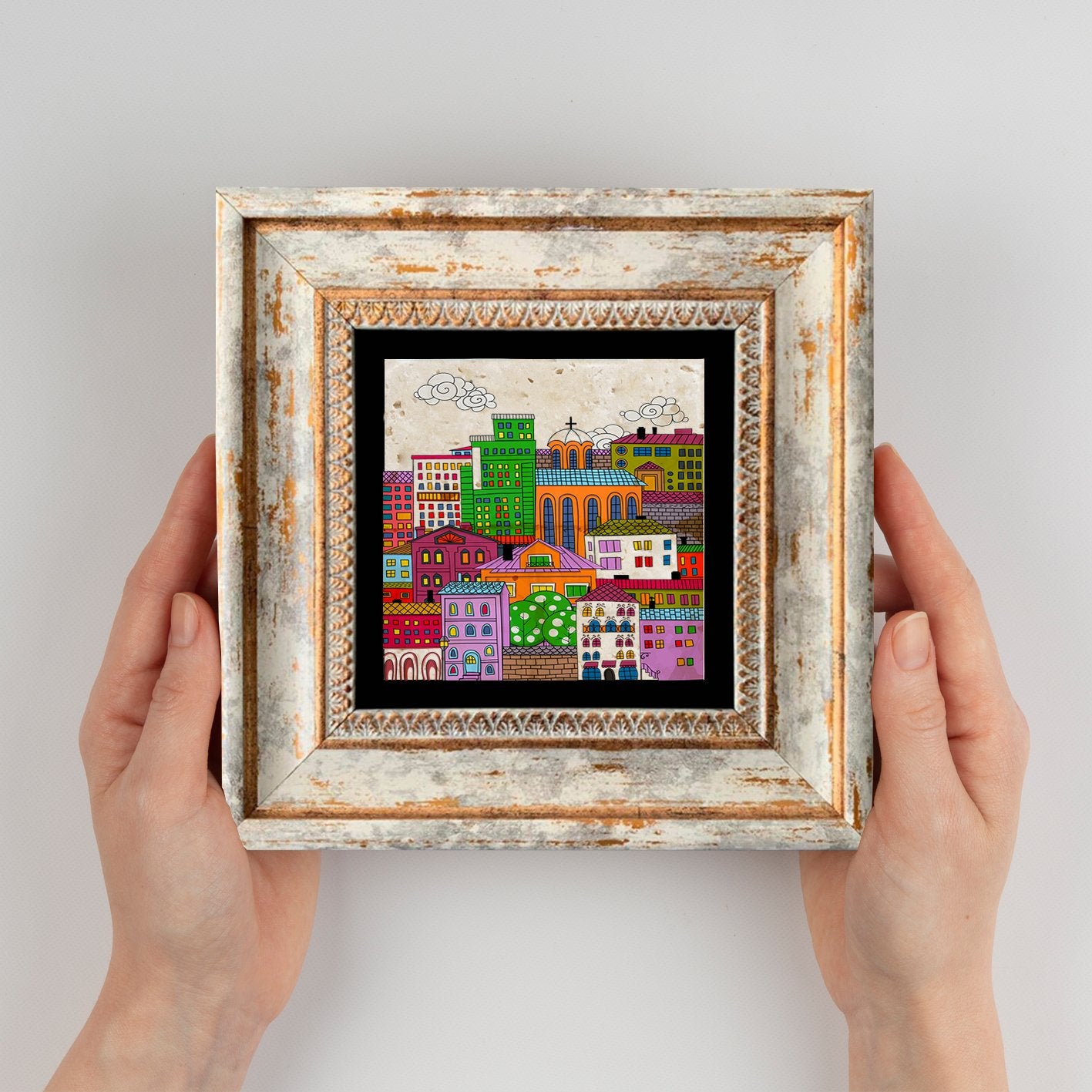 Quadro Decorativo em Pedra Natural com Moldura de Madeira - Impressão UV Multicolor 20x20cm