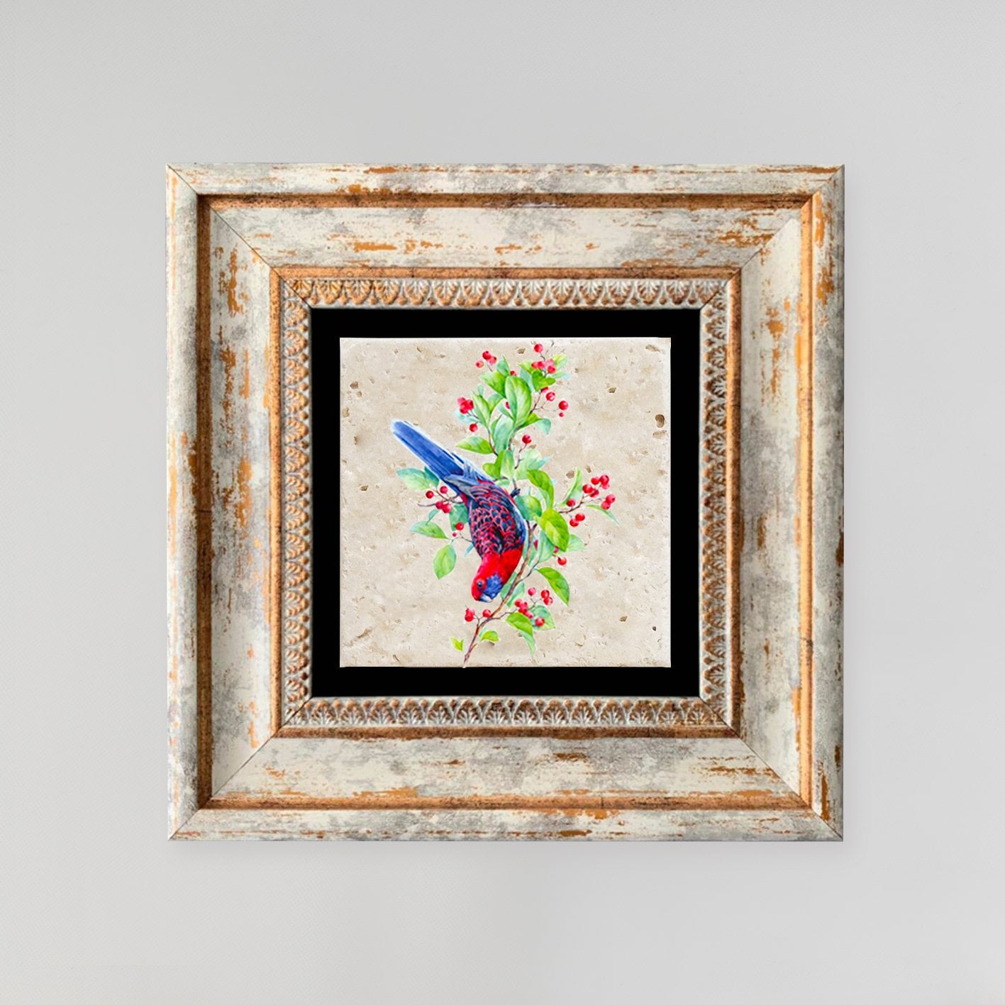 Quadro Decorativo em Pedra Natural com Moldura de Madeira - Impressão UV Multicolor 20x20cm