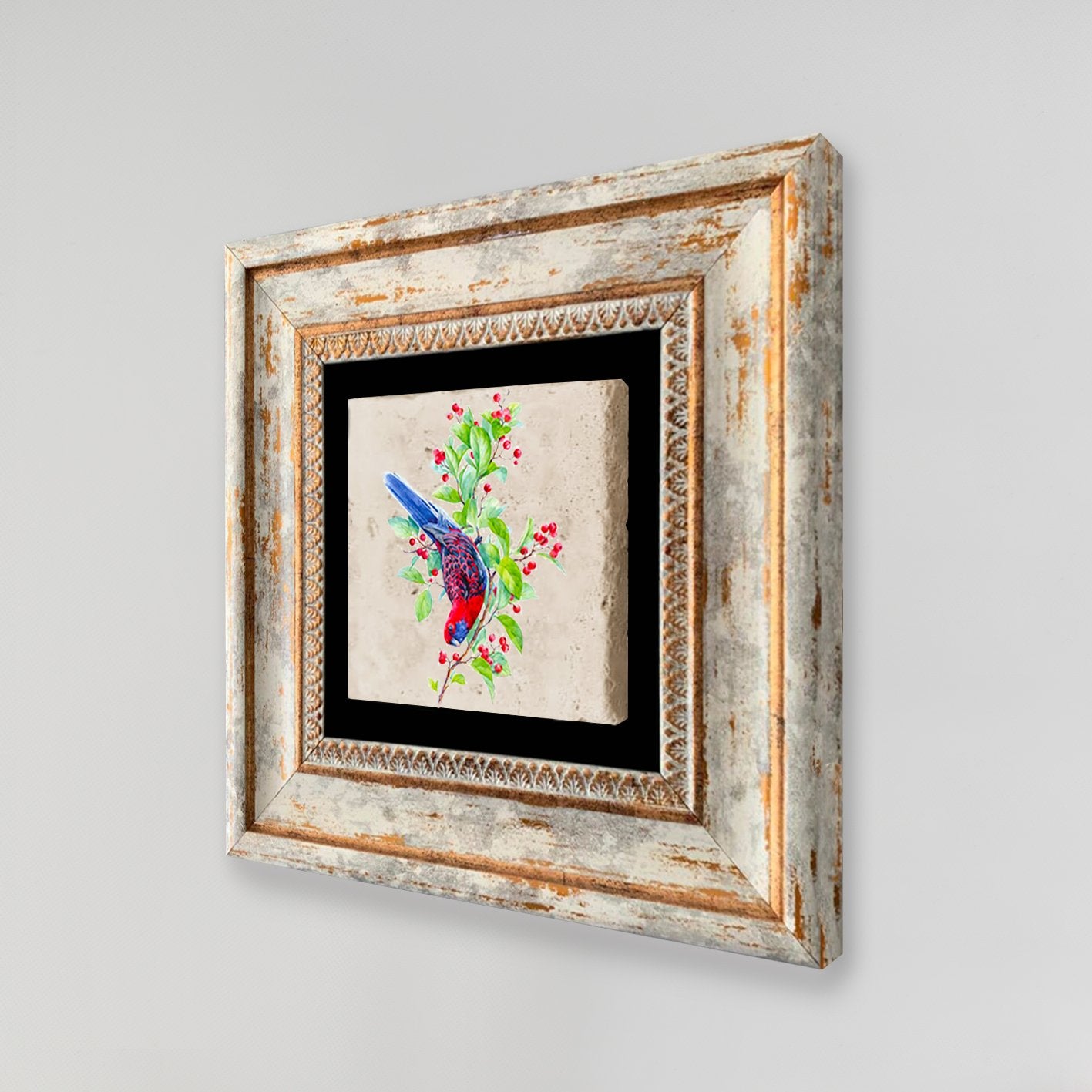 Quadro Decorativo em Pedra Natural com Moldura de Madeira - Impressão UV Multicolor 20x20cm